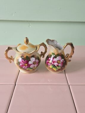 Enesco Pink Floral Porcelain Creamer and Sugar Set with Gold Trim